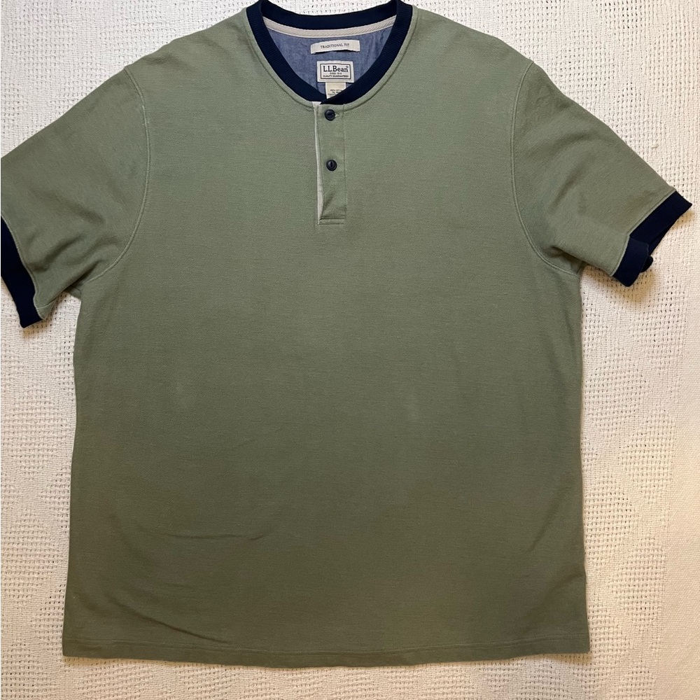 L.L. Bean Olive Green Short Sleeve Henley with Navy Trim